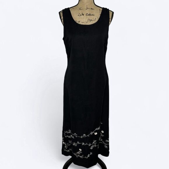 Vintage Kenar Maxi Dress Sz 10 Linen Blend Black Floral Embroidered Hem Fall - Picture 1 of 16